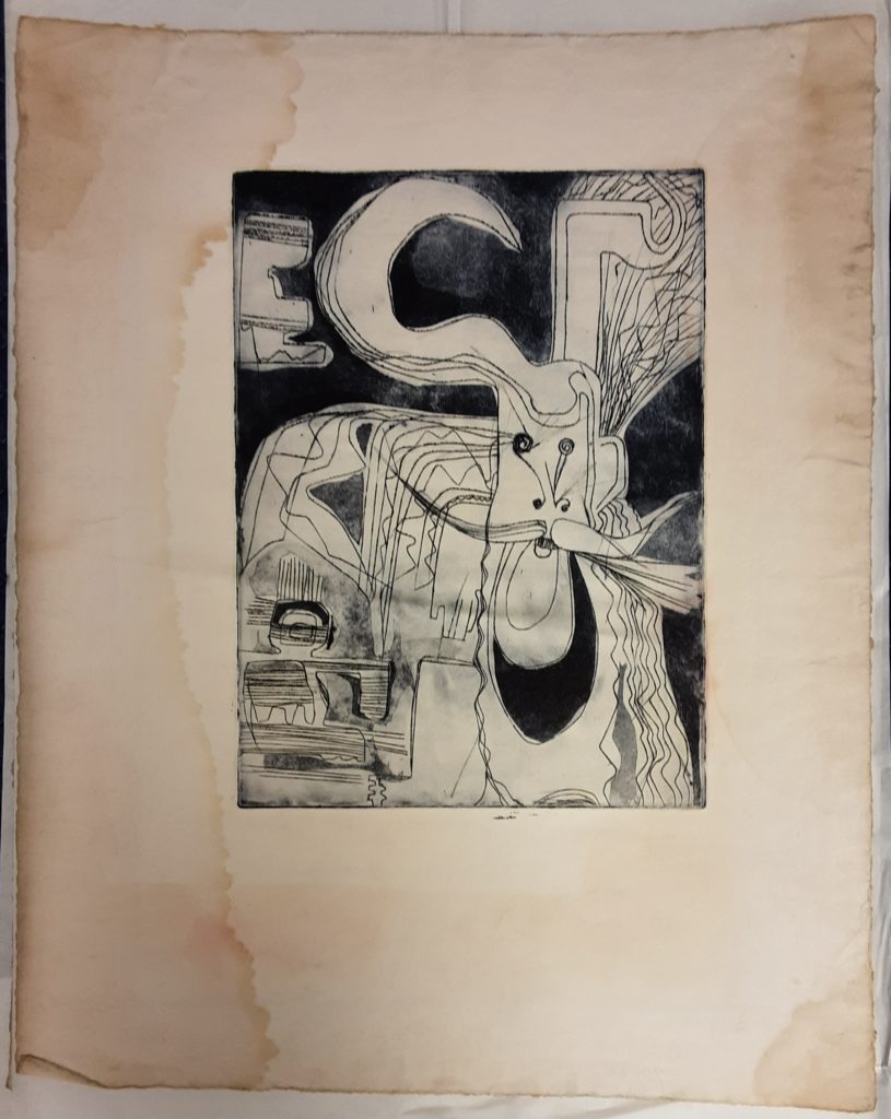Paper artwork with water damage, overall
