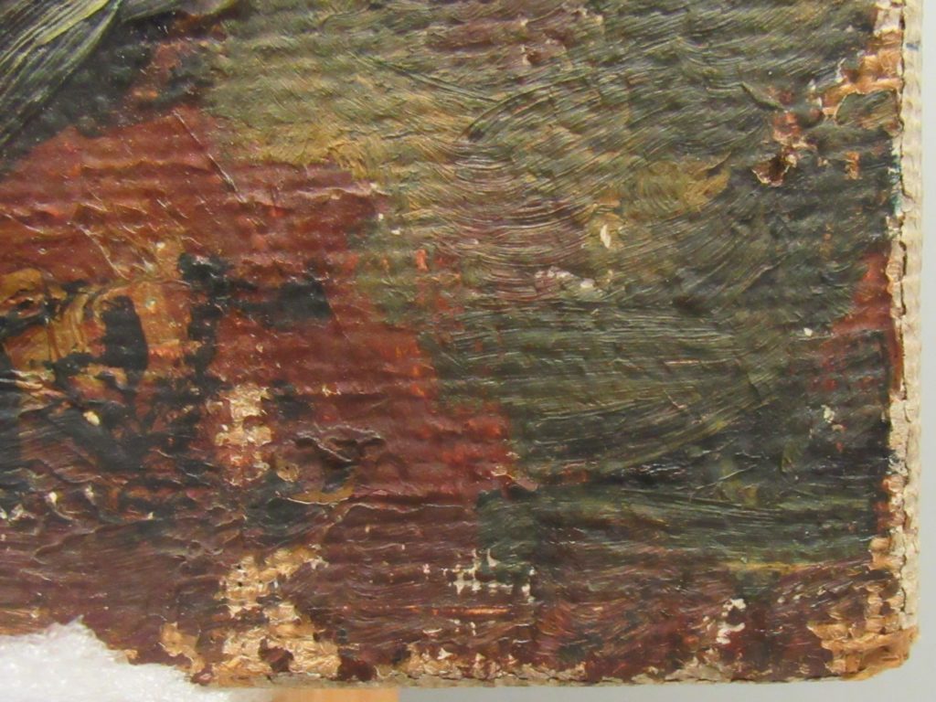 Detail of front of painting with losses from water damage.