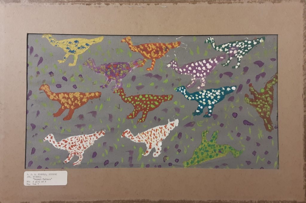 Repeat Pattern by S.U.M. Student, Girl of 8 (Nigerian), Mid-20th century, Tempera on Paper, Gift of the Harmon Foundation, Hampton University Museum, 67.251. Overall (left) and upper proper right corner detail (right).