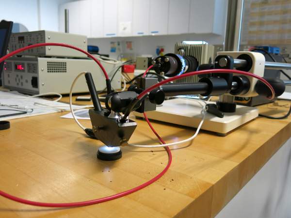 Small beam of light coming from a microfading tester (Lee 2015).